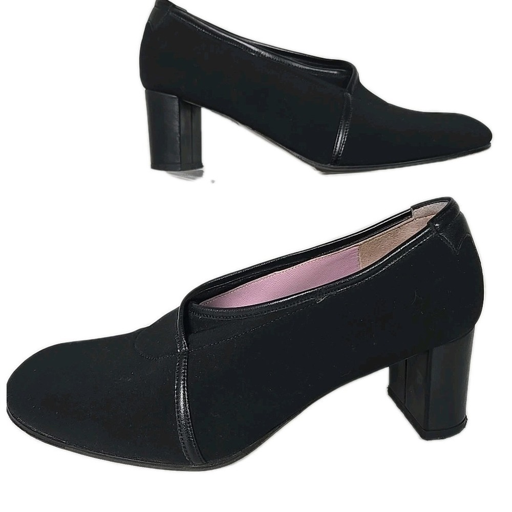 TARYN ROSE Italian Shoes Black Stretch Fabric Low Block Heel Pumps 38M (8)